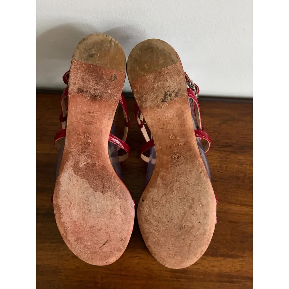 Vtg CHANEL Red Patent Leather Strappy Sling Back Sandals Size 40/US 9-9.5